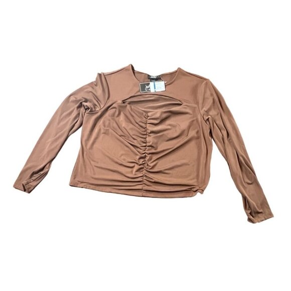 Just Polly NY Ruched Cut-Out Top 3X Chocolate Brown Long Sleeve - Picture 2 of 6